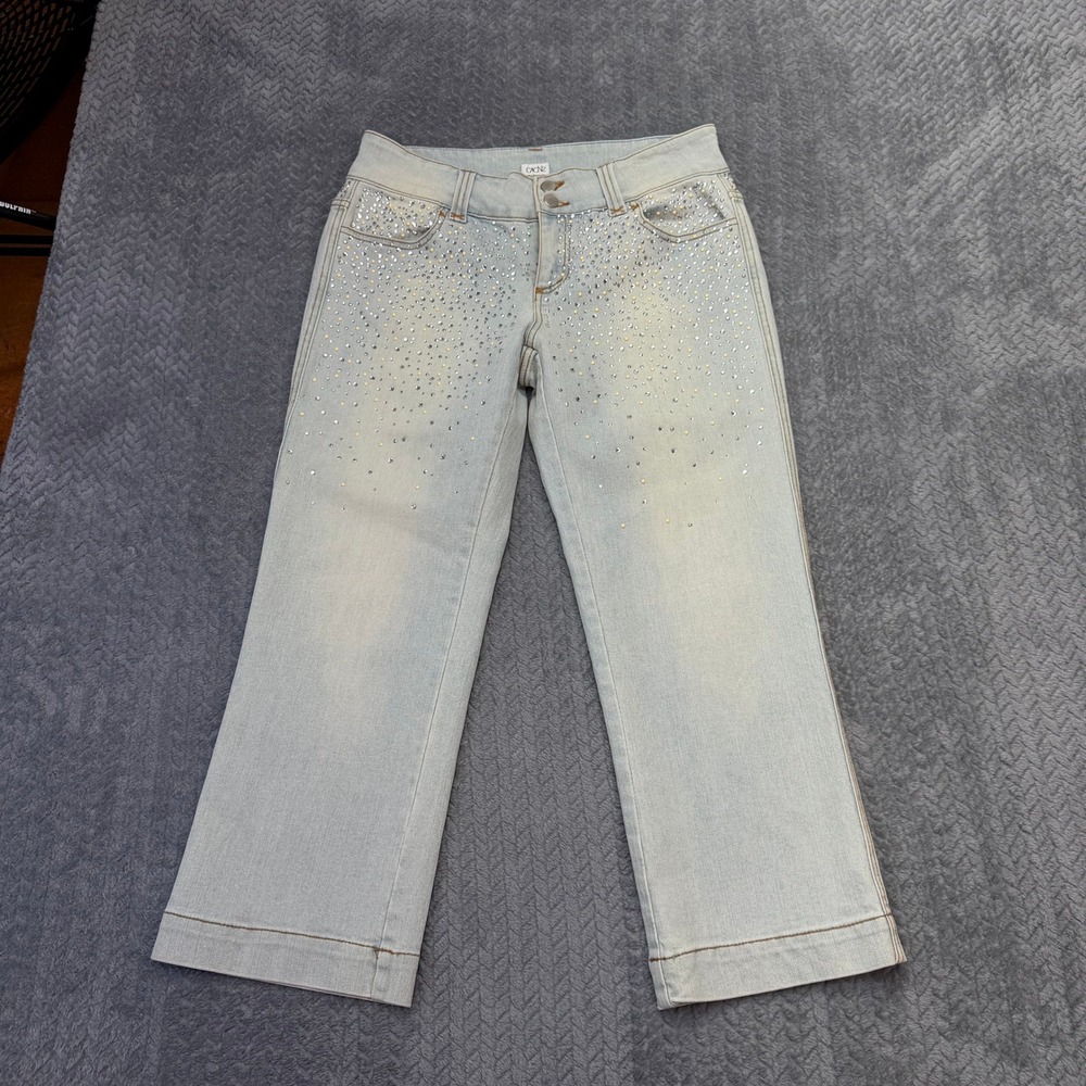 Cache Jeans Women 10 Wide Leg Light Wash Rhinestone Embellished Y2K Stretch Blue